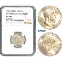 AI029, Austria, Franz Joseph, 1 Corona 1908, Vienna Mint, Silver "60TH ANNIVERSARY OF REIGN" NGC MS65+