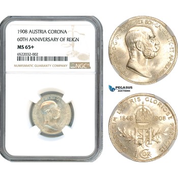 AI029, Austria, Franz Joseph, 1 Corona 1908, Vienna Mint, Silver 60TH ANNIVERSARY OF REIGN NGC MS65+