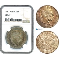 AI030, Austria, Franz Joseph, 5 Corona 1907, Vienna Mint, Silver, NGC MS62
