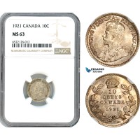 AI046, Canada, George V, 10 Cents 1921, Ottawa Mint, Silver, NGC MS63