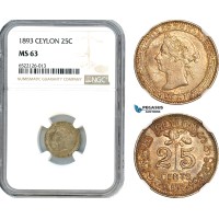 AI047, Ceylon, Victoria, 25 Cents 1893, Royal Mint London, Silver, NGC MS63