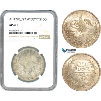 AI054, Ottoman Empire, Egypt, Abdul Hamid II, 10 Qirsh AH1293 // 27 W, Berlin Mint, Silver, NGC MS61