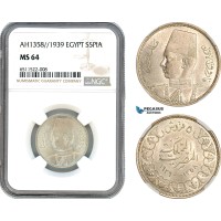 AI057, Egypt, Farouk, 5 Piastres AH1358 // 1939, Silver, NGC MS64