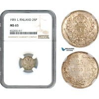 AI059, Finland, Nicholas II. of Russia, 25 Penniä 1901 L, Helsinki Mint, Silver, NGC MS65