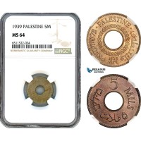 AI089, Palestine, 5 Mils 1939, London Mint, NGC MS64