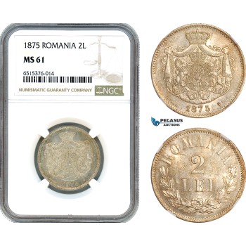 AI092, Romania, Carol I, 2 Lei 1875, Brussels Mint, Silver, NGC MS61, Rare!