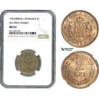 AI097, Romania, Ferdinand, 2 Lei 1924, Brussels Mint, NGC MS63