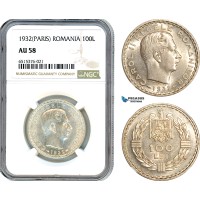 AI100, Romania, Carol II, 100 Lei 1932, Paris Mint, Silver, NGC AU58