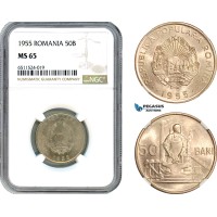 AI102, Romania, Peoples Republic, 50 Bani 1955, Bucharest Mint, NGC MS65