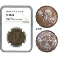 AI122, South Africa (ZAR) 1 Penny 1892, Berlin Mint, NGC MS64BN