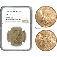 AI123, South Africa (ZAR) 2 1/2 Shillings 1897, Pretoria Mint, Silver, NGC MS61