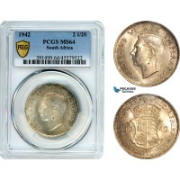 AI153, South Africa, George VI, 2­ 1/2 Shillings 1942, Pretoria Mint, Silver, PCGS MS64