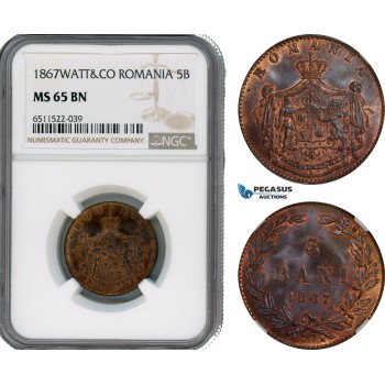AI163, Romania, Carol I, 5 Bani 1867 Watt & Co. Mint, NGC MS65BN