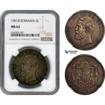 AI165, Romania, Carol I, 5 Lei 1901 B, Hamburg Mint, Silver, NGC MS62