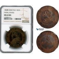 AI184, Italy, Papal, Pius IX, 4 Soldi 1868 R XXIII, Rome Mint, NGC MS63BN