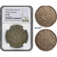 AI187, China, Chihli, Dollar Yr. 24, (1898) Tientsin Mint, Silver, L&M 449, NGC XF40, Rare!