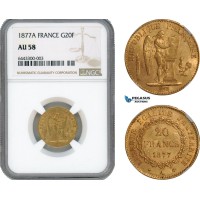 AI191, France, Third Republic, 20 Francs 1877 A, Paris Mint, Gold, NGC AU58