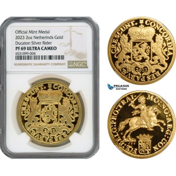 AI198, Netherlands, Ducaton Restrike Medal (2 oz) 2023 R, Houten Mint, Gold, KM# --, Mintage: 20 pcs, NGC PF69 Ultra Cameo, includes COA+ Original box!