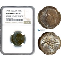 AI202, Albania, Vittorio Emanuele III, 0,10 Lek 1940 R, Rome Mint, NGC MS64, Mint Error Struck 10% Off Center