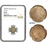 AI209, Bolivia, 5 Centavos 1893 PTS CB, Potosi Mint, Silver, NGC MS64