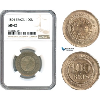 AI210, Brazil, 100 Reis 1894, Rio de Janeiro Mint, NGC MS62, Pop 1/1