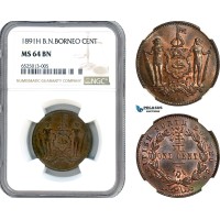 AI211, British North Borneo, 1 Cent 1891 H, Heaton Mint, NGC MS64BN
