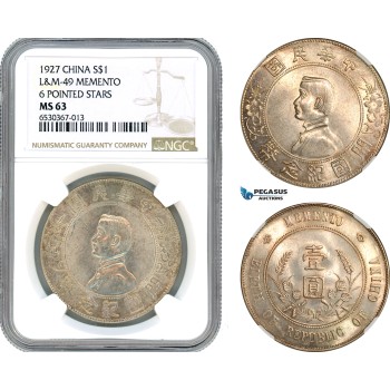 AI224, China, Memento Dollar 1927, Silver, L&M-49, 6 Pointed Stars, NGC MS63