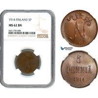 AI233, Finland, Nicholas II. of Russia, 5 Penniä 1914, Helsinki Mint, NGC MS62BN