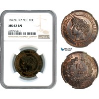 AI236, France, Third Republic, 10 Centimes 1872 K, Bordeaux Mint, NGC MS62BN