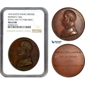 AI239, France, First Empire. Napoleon I & Frederick William III, 1814 Bronze Medal by Denon, Royal Visit to the Paris Mint, NGC MS63BN