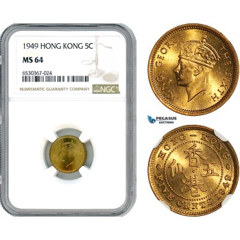 AI251, Hong Kong, George VI, 5 Cents 1949, London Mint, NGC MS64