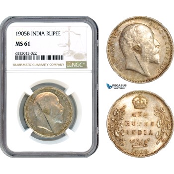 AI257, India (British) Edward VII, 1 Rupee 1905 B, Bombay Mint, Silver, NGC MS61