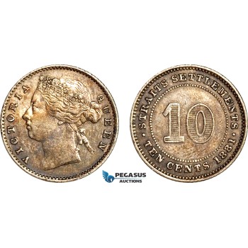 AI297, Straits Settlements, Victoria, 10 Cents 1881, Silver, EF