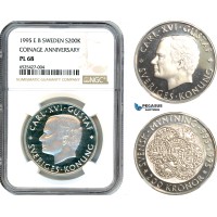 AI304, Sweden, Carl XVI Gustaf, 200 Kronor 1995 EB, Coinage Anniversary, Silver, NGC PL68