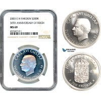 AI311, Sweden, Carl XVI Gustaf, 200 Kronor 2003 EH, 30th Anniversary of Reign, Silver, NGC MS69