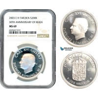 AI312, Sweden, Carl XVI Gustaf, 200 Kronor 2003 EH, 30th Anniversary of Reign, Silver, NGC MS69