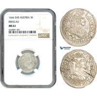AI319, Austria, Leopold I, 3 Kreuzer 1666 SHS, Breslau Mint, Silver, NGC MS61