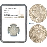 AI321, Austria, Leopold I, 3 Kreuzer 1669 SHS, Breslau Mint, Silver, NGC MS62