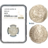 AI322, Austria, Leopold I, 3 Kreuzer 1670 SHS, Breslau Mint, Silver, NGC AU55