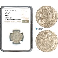 AI323, Austria, Leopold I, 3 Kreuzer 1670, Vienna Mint, Silver, NGC MS62