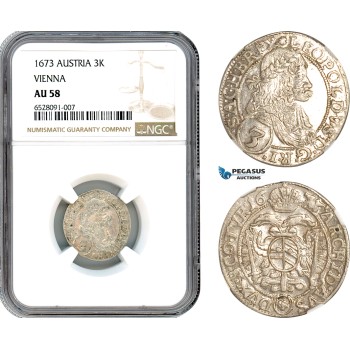AI325, Austria, Leopold I, 3 Kreuzer 1673, Vienna Mint, Silver, NGC AU58