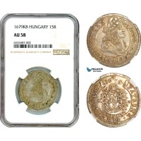 AI334, Hungary, Leopold I, 15 Kreuzer 1679 KB, Kremnitz Mint, Silver, NGC AU58