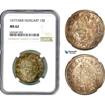 AI335, Hungary, Leopold I, 15 Kreuzer 1677/6 KB, Kremnitz Mint, Silver, NGC MS62