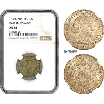 AI342, Austria, Ferdinand I, 10 Kreuzer 1846 E,  Karlsburg (Alba Iulia) Mint, Silver, NGC AU58