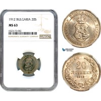 AI345, Bulgaria, Ferdinand I, 20 Stotinki 1912, Kremnica Mint, NGC MS63