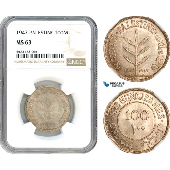 AI359, Palestine, 100 Mils 1942, London Mint, Silver, NGC MS63