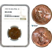 AI362, Philippines (US Administration) 1 Centavo 1937 M, Manila Mint, NGC MS65BN