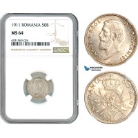 AI365, Romania, Carol I, 50 Bani 1911, Silver, NGC MS64