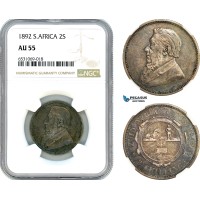 AI370, South Africa (ZAR) 2 Shillings 1892, Berlin Mint, Silver, NGC AU55