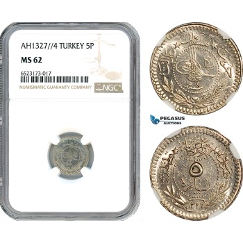 AI372, Ottoman Empire, Turkey, Mehmed Reshad V, 5 Para AH1327//4, Konstantiniye Mint, NGC MS62